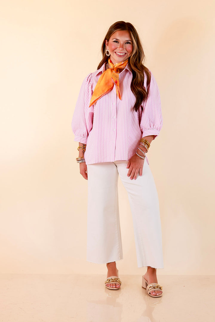 Crisp and Collected Stripe Button Front Collared Top with Puff Short Sleeves in Pink and White