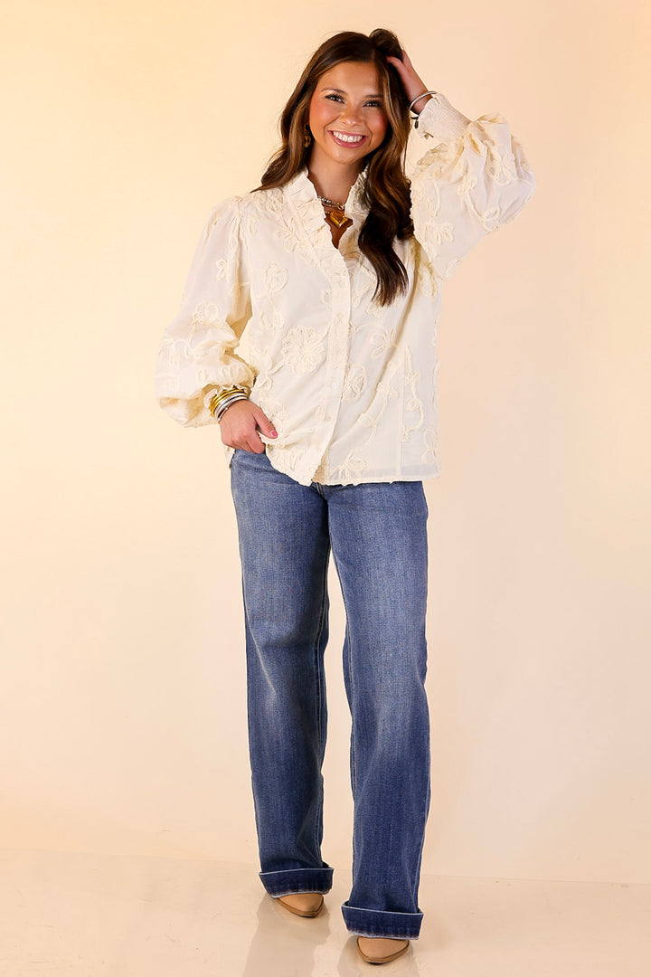 Timeless Romance Ruffled V Neck Floral Applique Embroidered Top in Cream