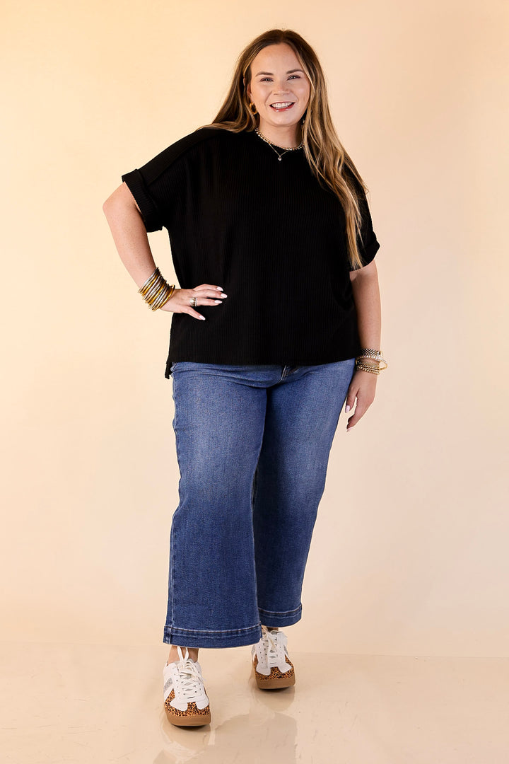 Daily Perfection Scoop Neck Short Sleeve Ribbed Top in Black