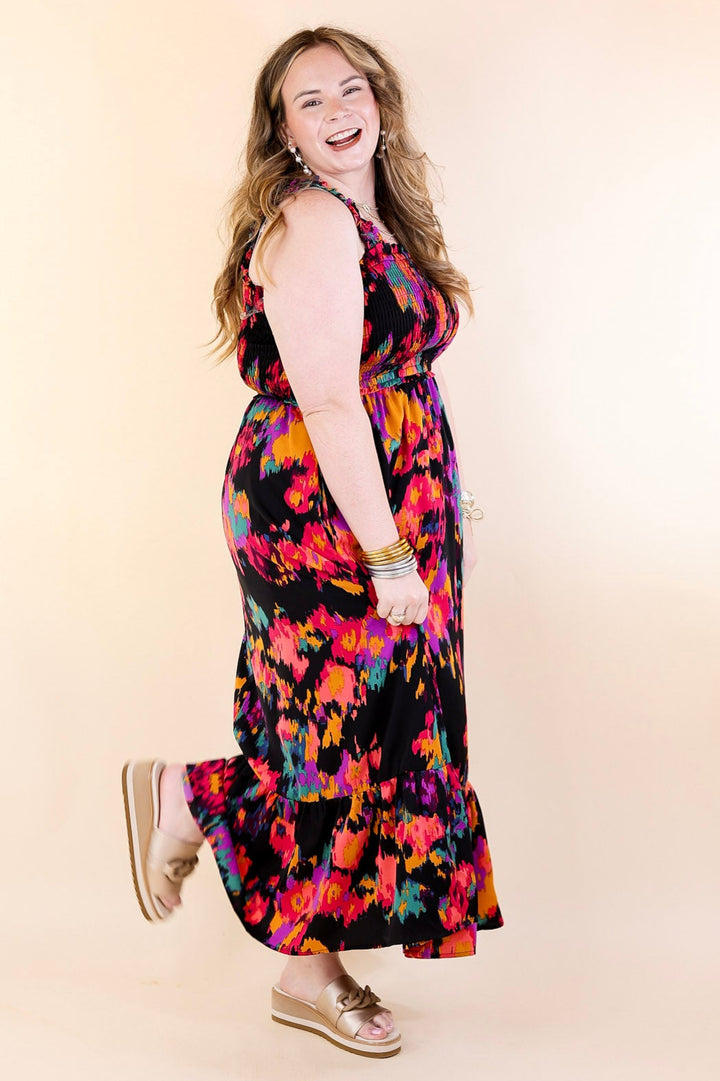 My Night Out Smocked Bodice Dress with Multicolor Abstract Print in Black