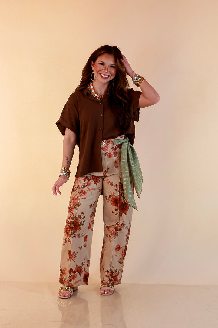 Timeless Appeal Woven Airflow Button Front Top with Rolled Cuff Short Sleeves and Front Pocket in Chocolate Brown