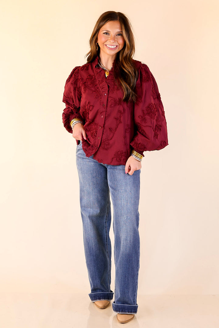 Timeless Romance Ruffled V Neck Floral Applique Embroidered Top in Maroon