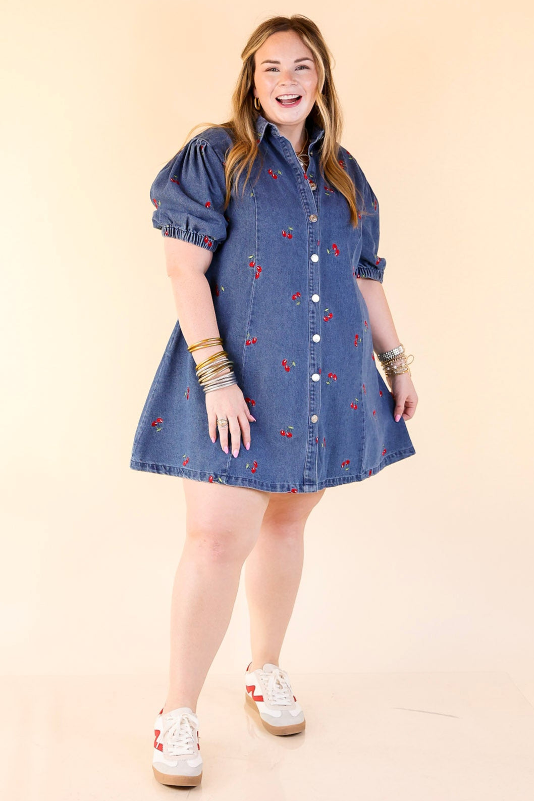 Berry Cherry Blues Button Down Dress with Embroidered Cherries in Denim M Berry Cherry Blues Button Down Dress with Embroidered Cherries in Denim M