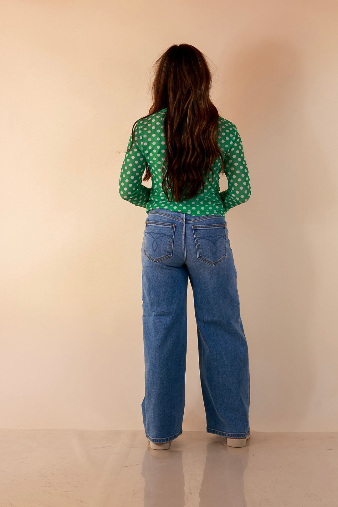 The Essential Layer Polka Dot Print Sheer Mesh Long Sleeve Top in Kelly Green