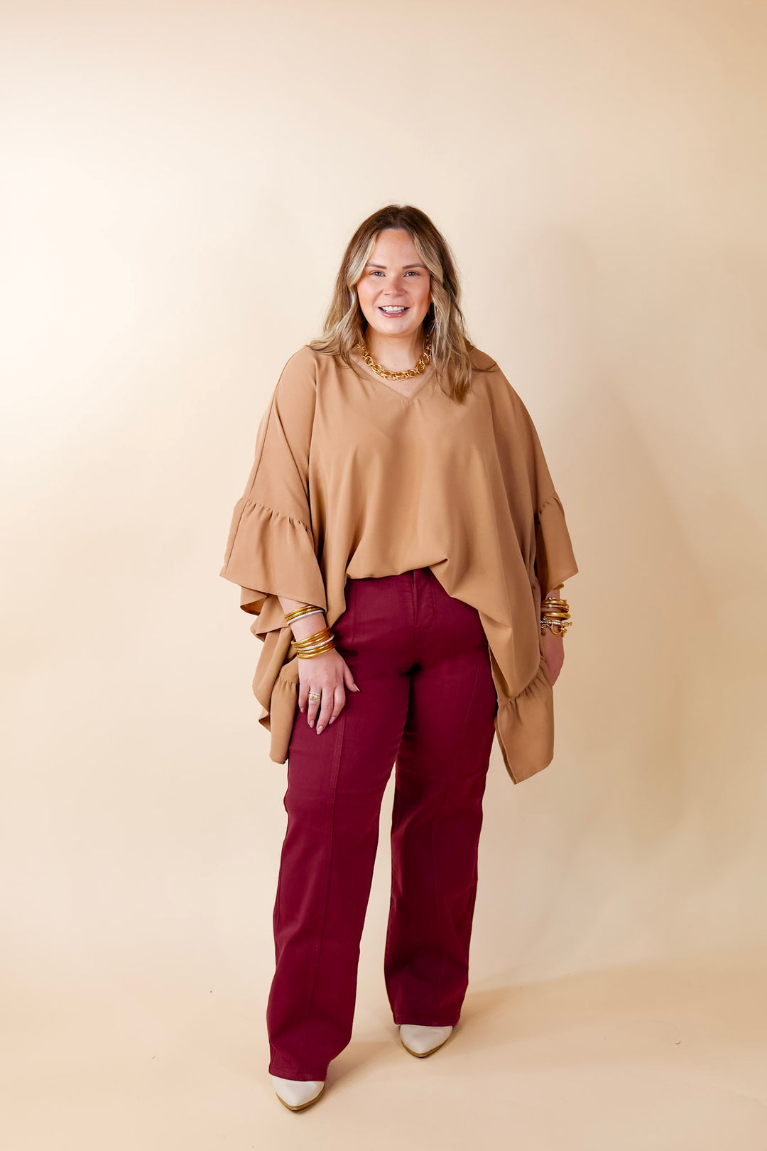 Secret Strength Ruffle Detail Poncho Top in Mocha Brown - Giddy Up Glamour Boutique