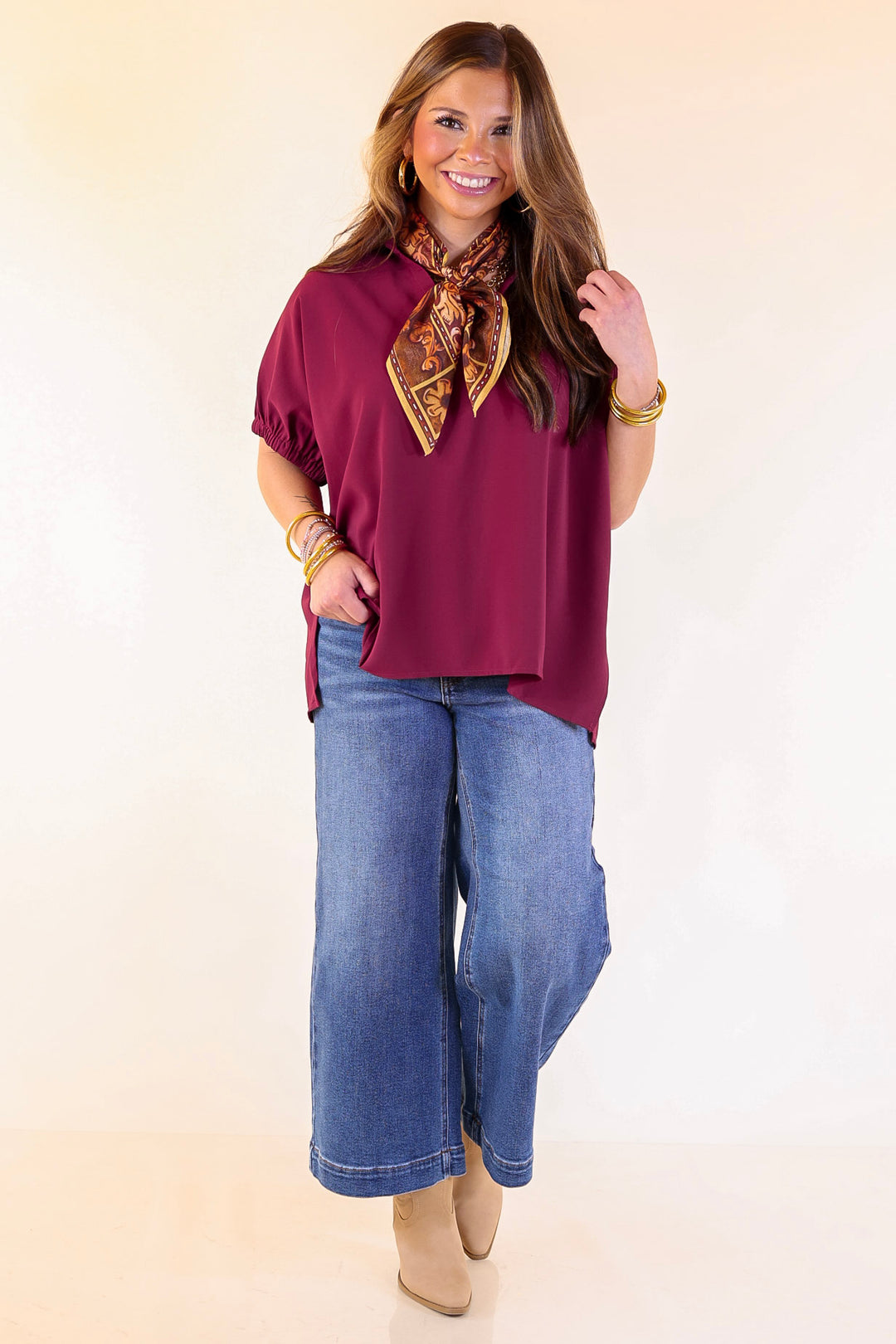 Fresh Start Collared V-Neck Blouse With Drop Shoulder in Maroon