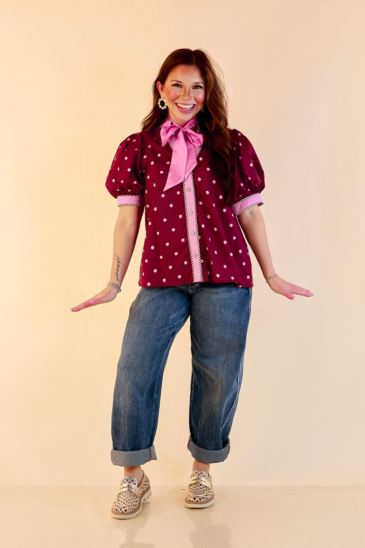 Pop of Polish Short Puff Sleeve Button Front Polka Dot Print Top with Contrast Trim in Maroon and Pink