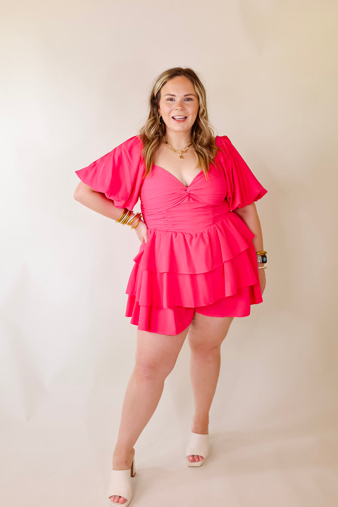 I Want It All Tiered Romper With Puffed Sleeves In Fuchsia Pink - Giddy Up Glamour Boutique