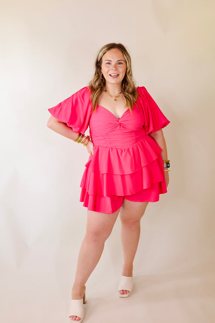 I Want It All Tiered Romper With Puffed Sleeves In Fuchsia Pink - Giddy Up Glamour Boutique