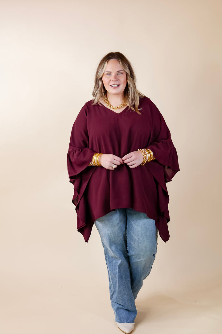 Secret Strength Ruffle Detail Poncho Top in Maroon - Giddy Up Glamour Boutique