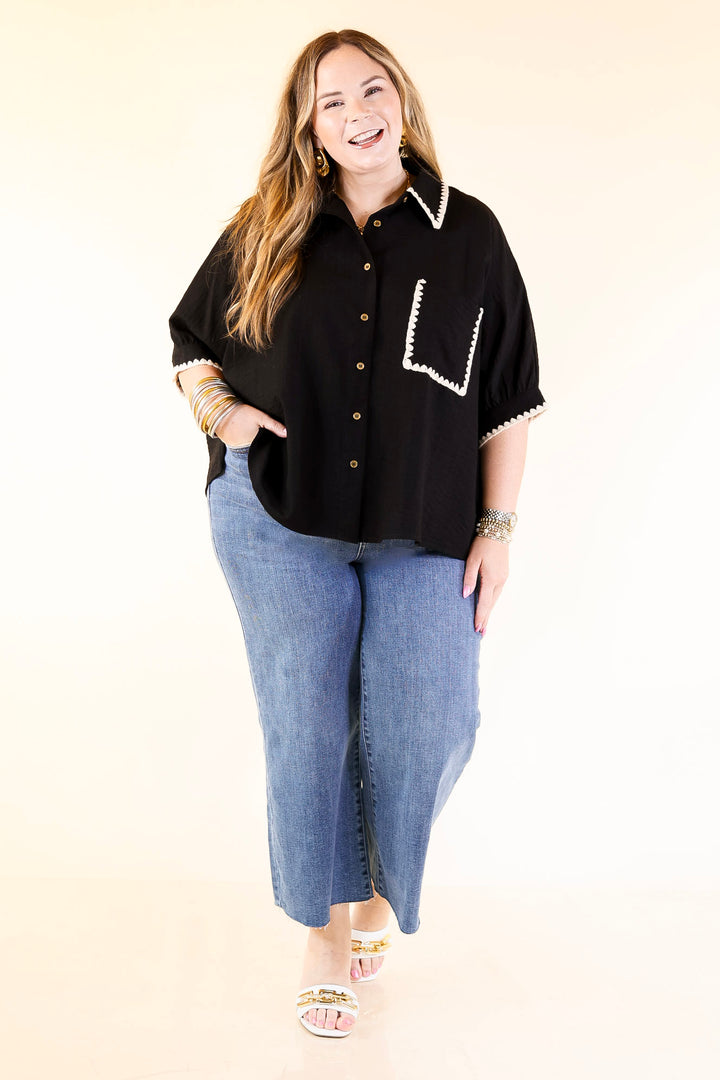In Good Company Button Up Top with Scalloped Trim Stitching in Black
