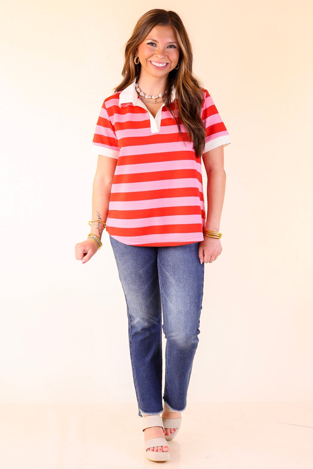 Statement in Stripes Short Sleeve Collared Shirt with Stripes in Pink