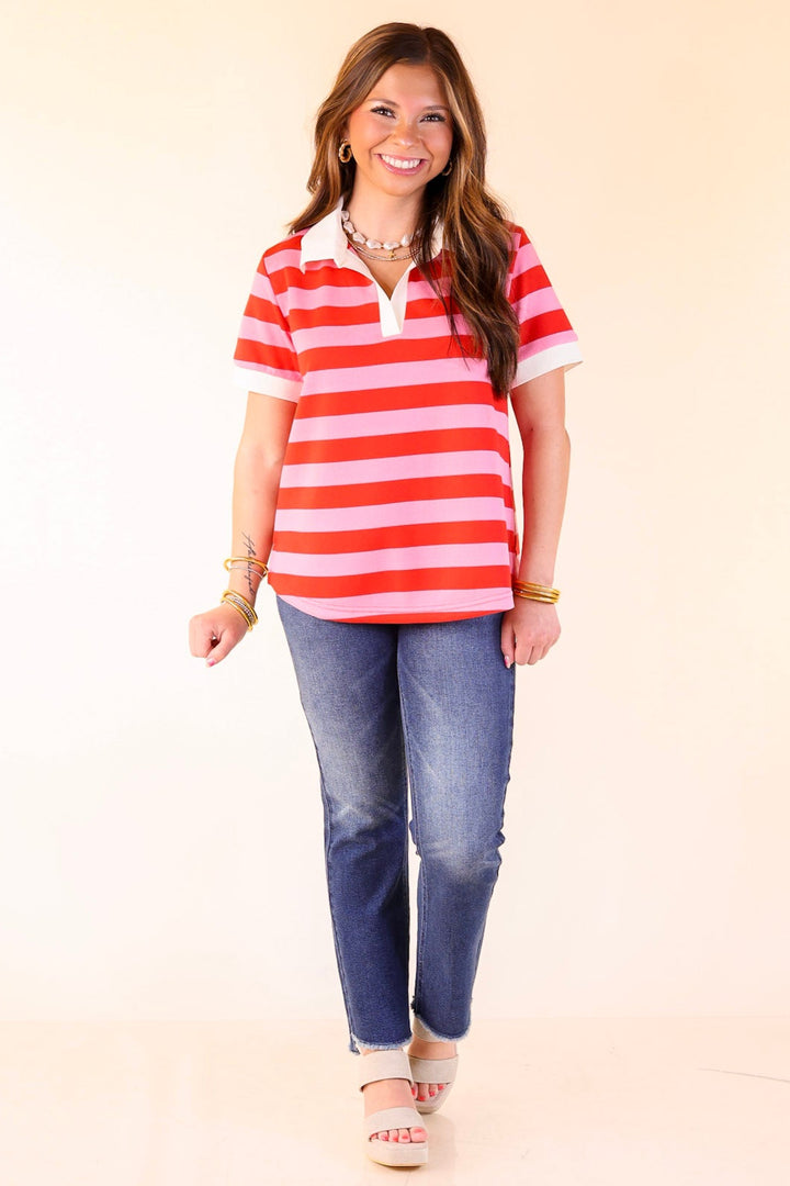 Statement in Stripes Short Sleeve Collared Shirt with Stripes in Pink