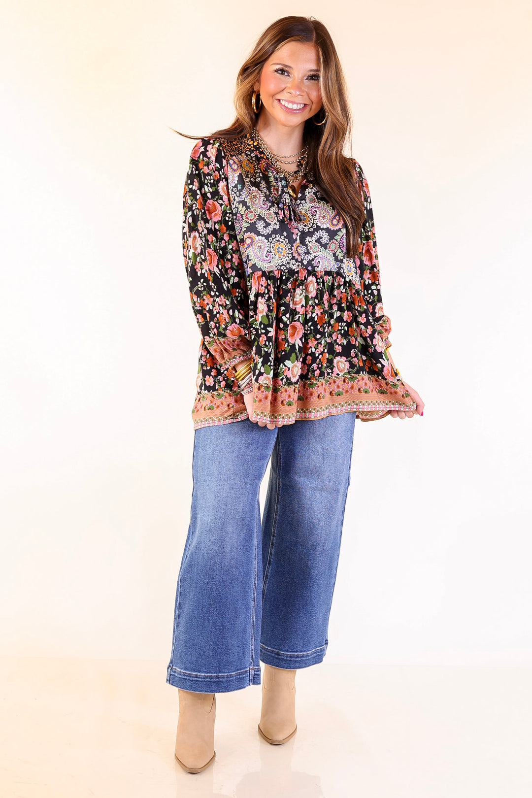 Floral Fusion Long Sleeve Floral Print Top in Black