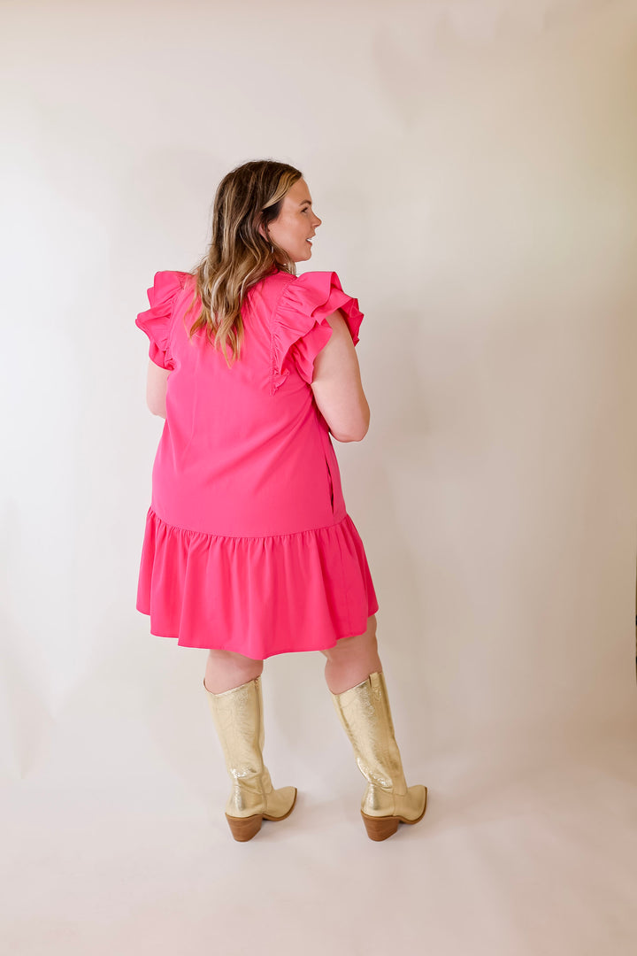 Powerful Love Ruffle Cap Sleeve Dress with Keyhole and Tie Neckline in Hot Pink - Giddy Up Glamour Boutique