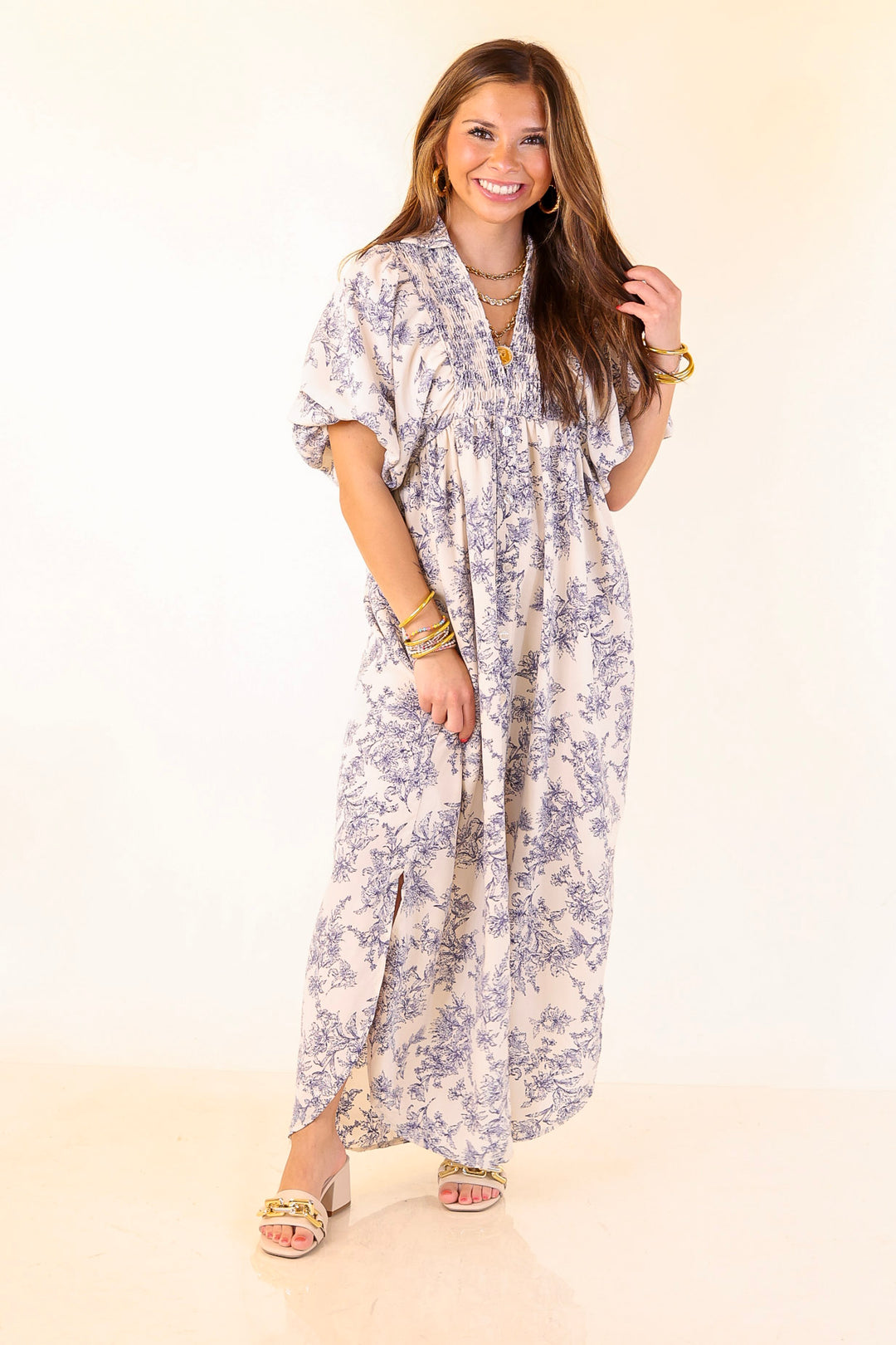Timeless Blossom Floral Print Button Up Dress in Cream and Blue