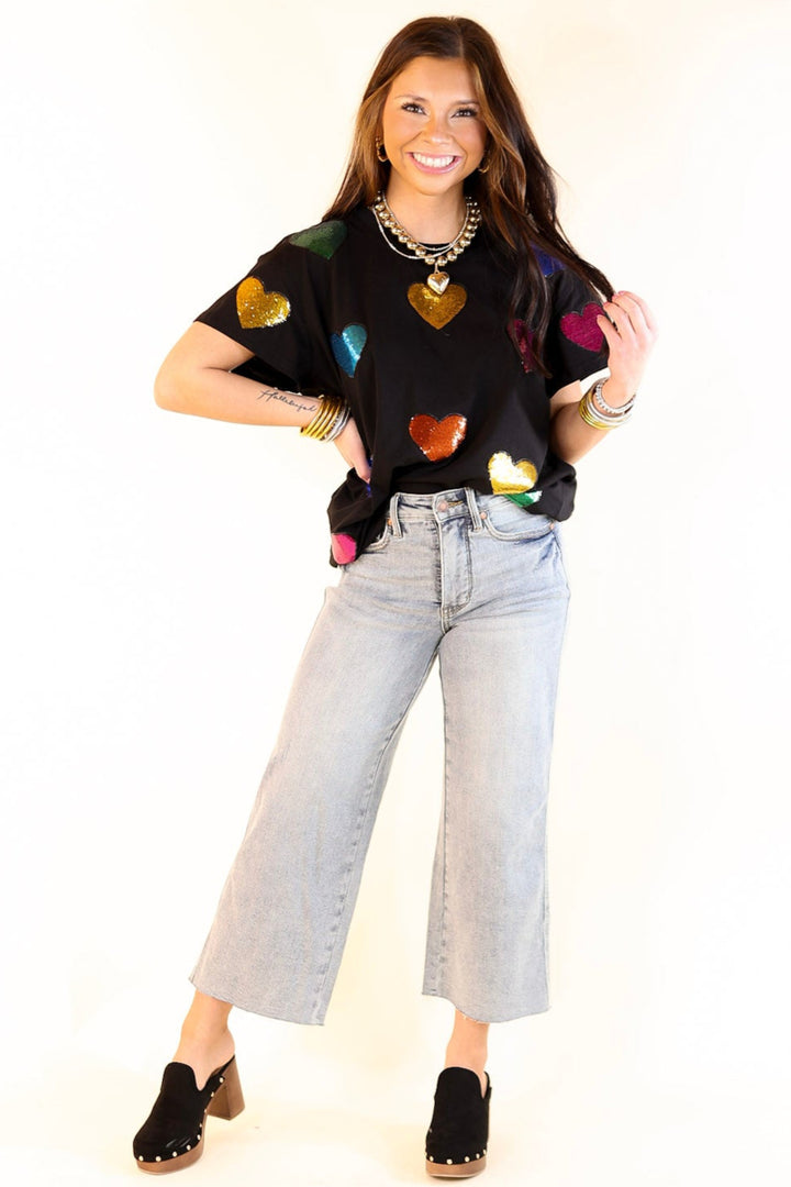 Queen Of Sparkles | Fluttering Hearts Multi-Colored Sequin Top in Black