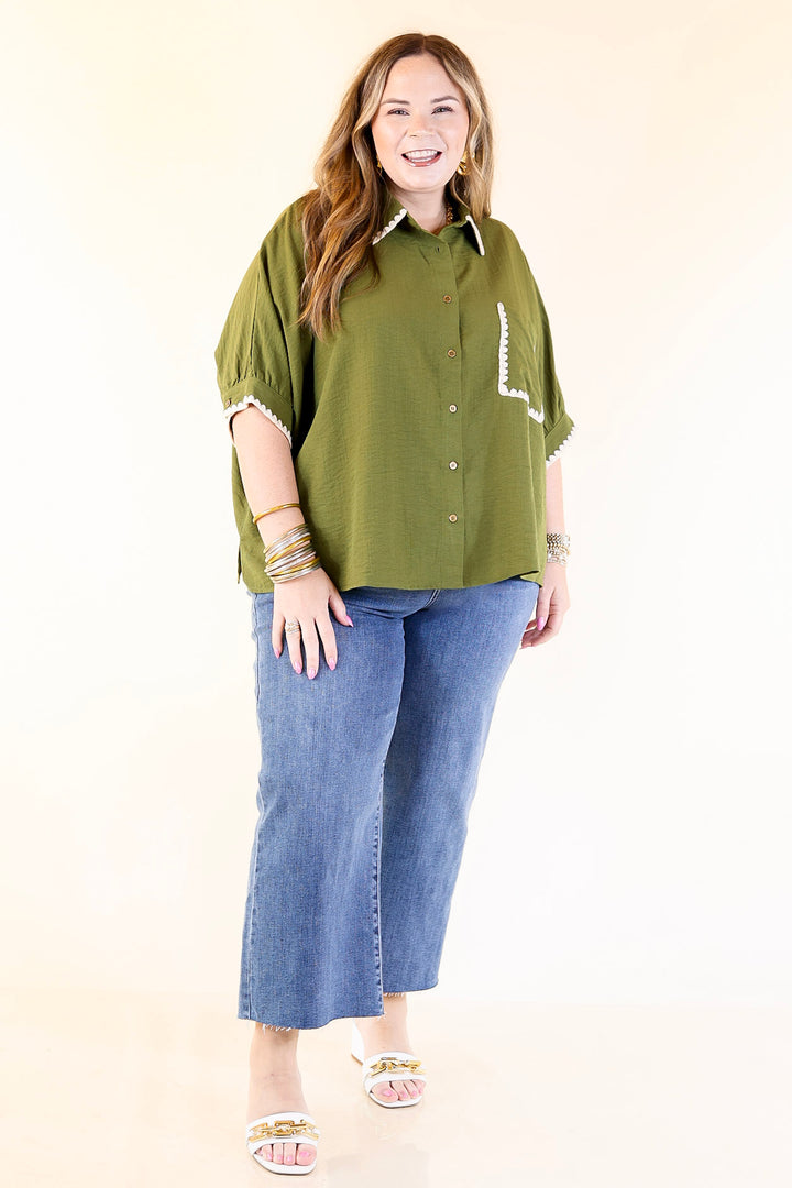 In Good Company Button Up Top with Scalloped Trim Stitching in Olive Green