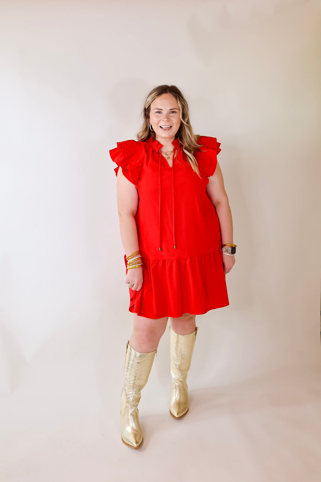 Powerful Love Ruffle Cap Sleeve Dress with Keyhole and Tie Neckline in Red - Giddy Up Glamour Boutique
