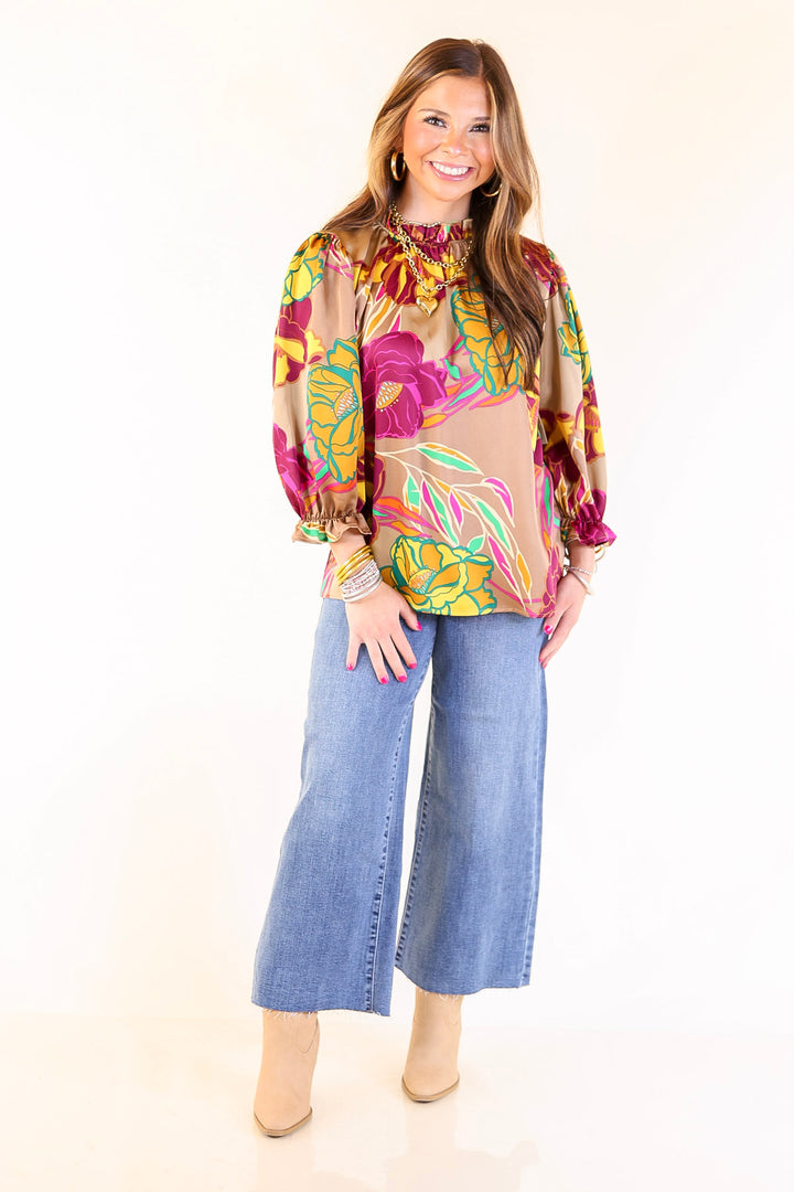 Follow Your Floral Long Sleeve Ruffle Mock Neck Top in Mocha