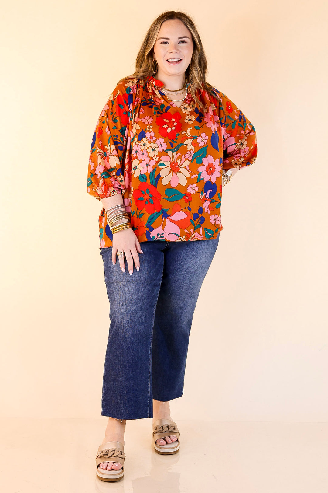 Falling For Floral 3/4 Sleeve Top with Notched Neck in Camel Brown