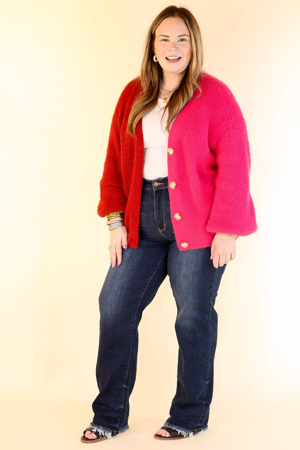 Fireside Feels Color Block Button Up Cardigan with Balloon Sleeves in Hot Pink and Red