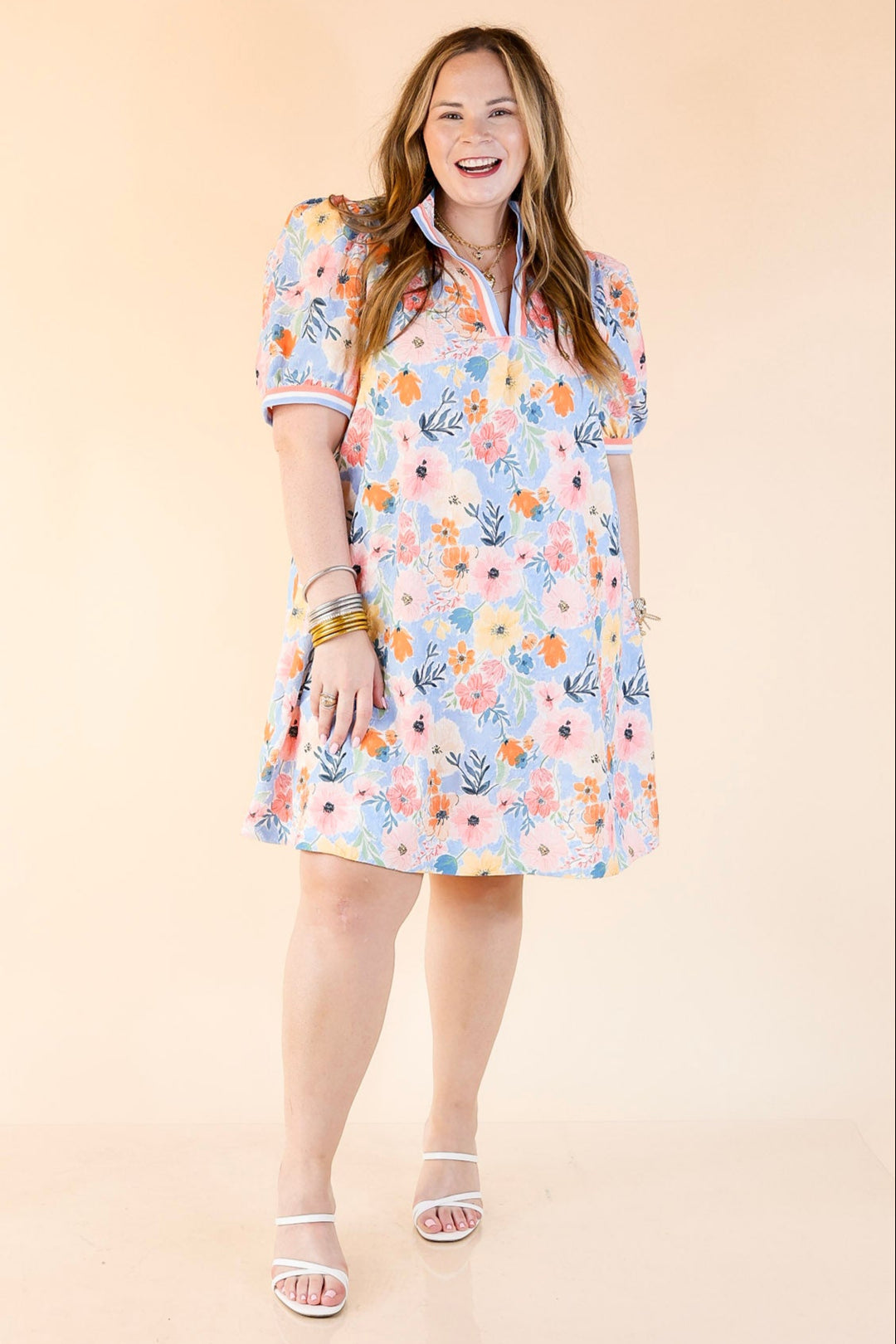 Lovely as Ever V Neck Floral Print Dress in Blue and Pink Mix