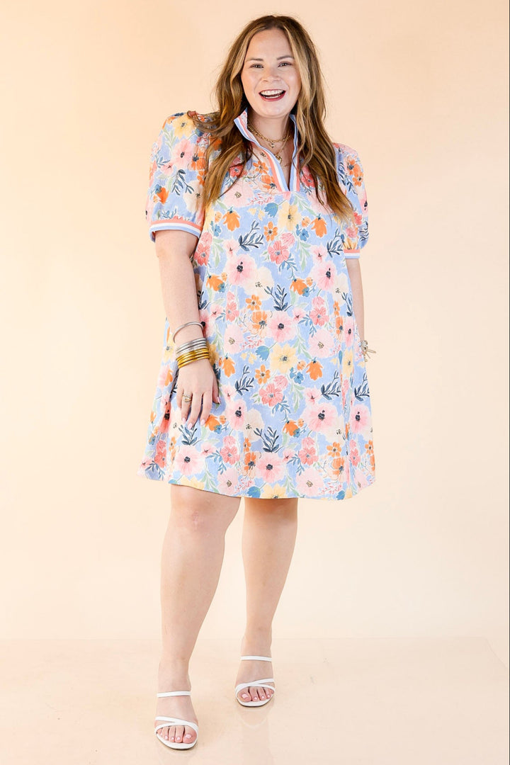 Lovely as Ever V Neck Floral Print Dress in Blue and Pink Mix