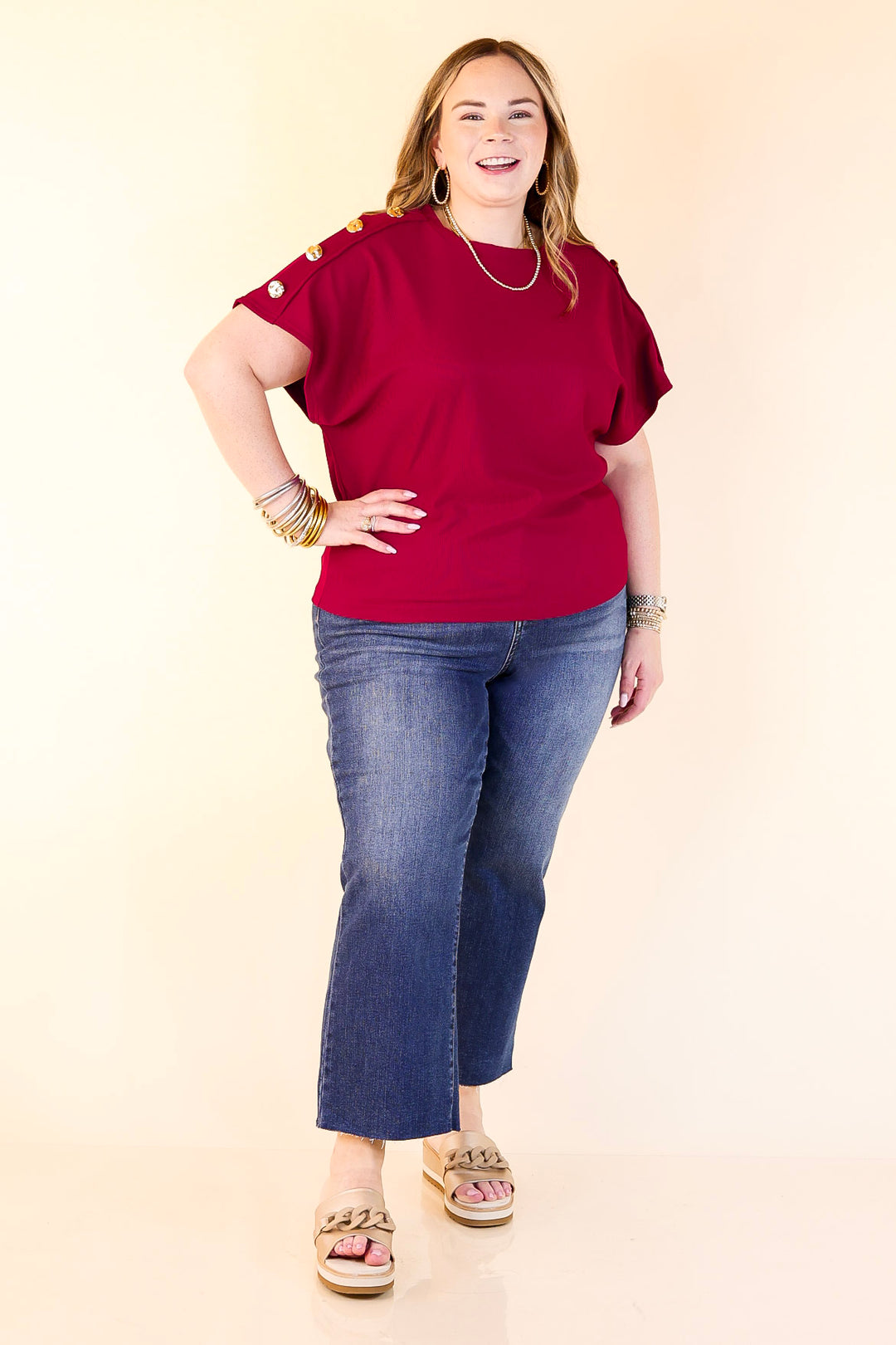 Golden Hour Glow Ribbed Crew Neck Top With Gold Button Detailing in Maroon