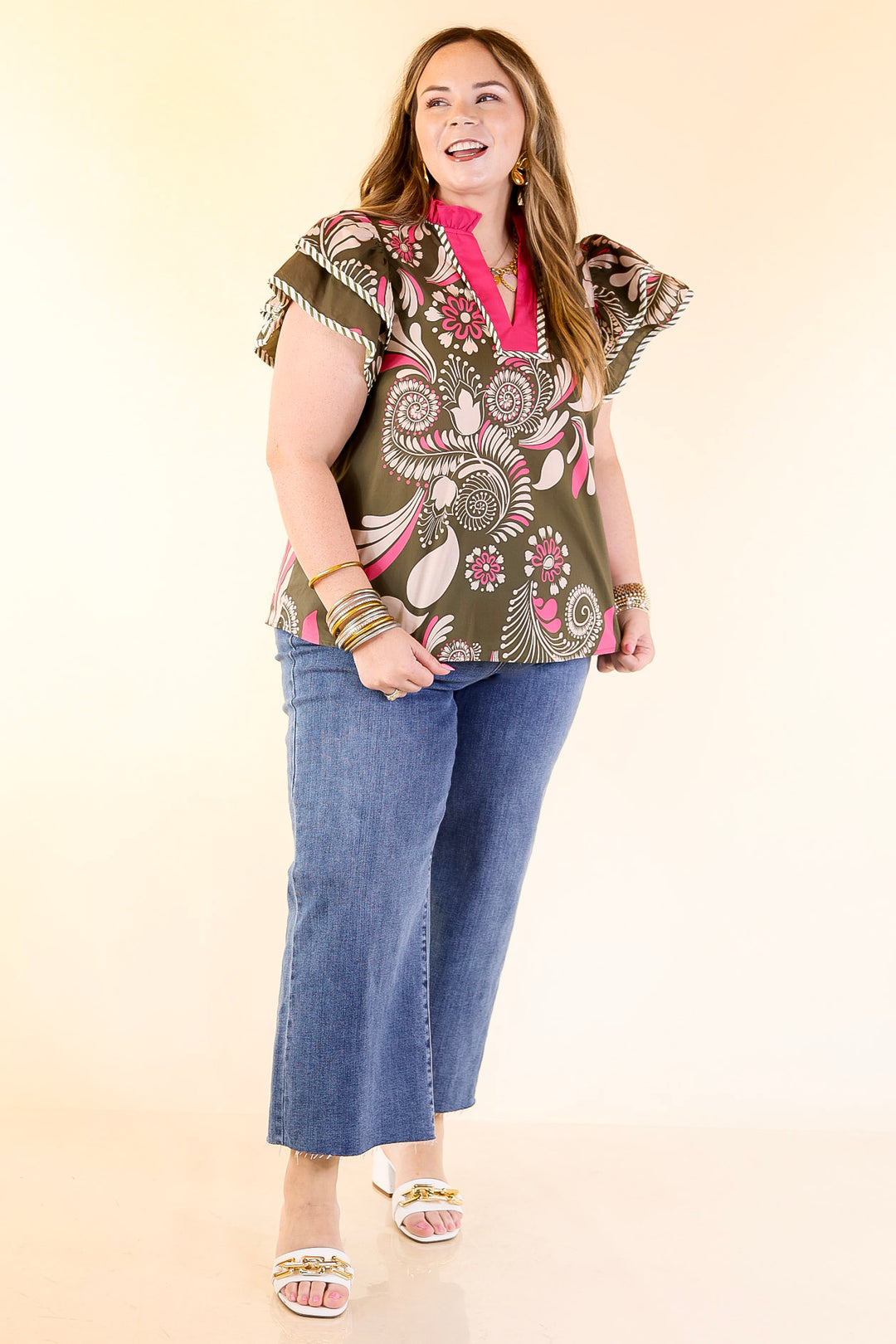 First Impressions V Neck Paisley Top with Ruffle Cap Sleeves and Stripe Detailing in Olive Green