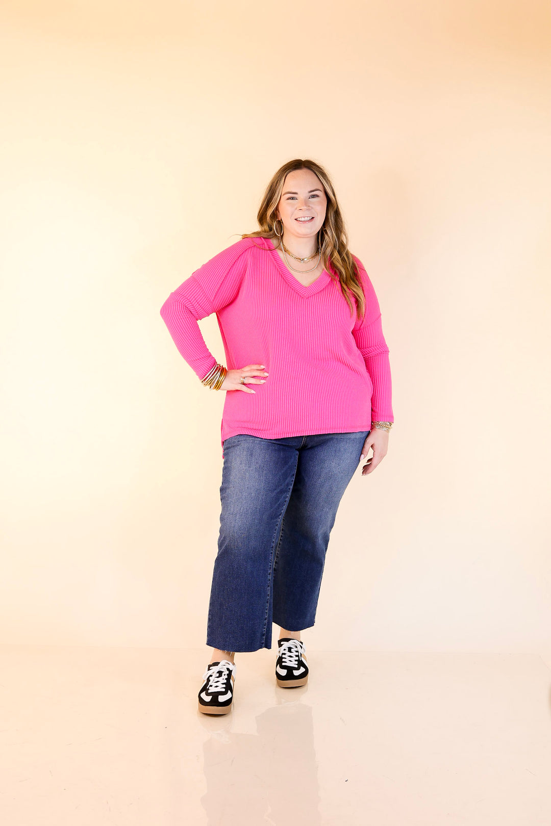 Daily Perfection V-Neck Long Sleeve Ribbed Top in Hot Pink