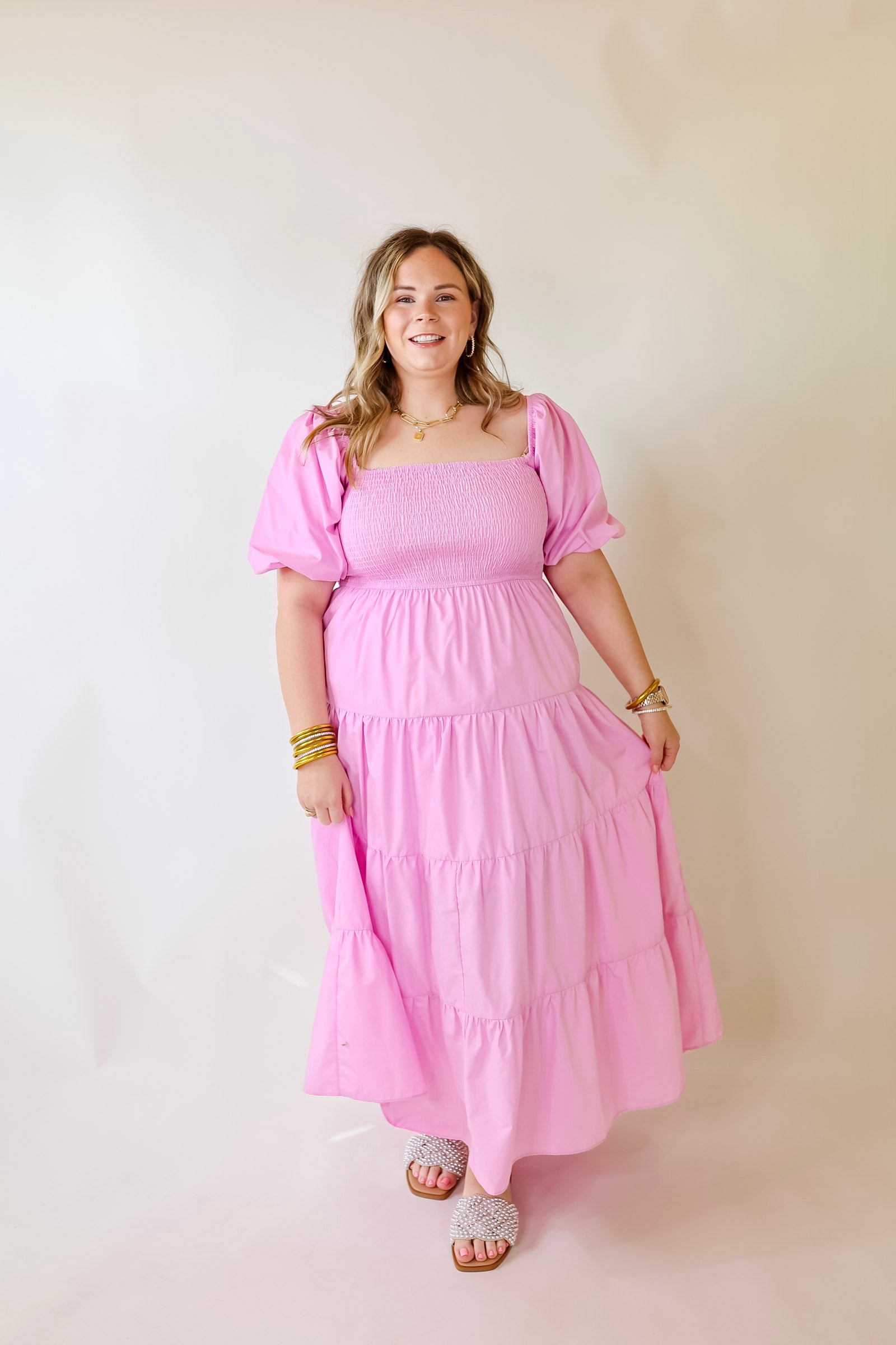 Santorini Sunshine Short Balloon Sleeve Maxi Dress in Light Pink - Giddy Up Glamour Boutique