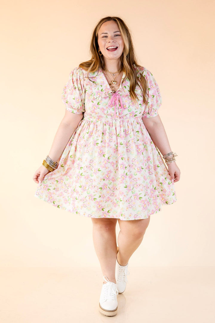 Pretty in Petals Pink Floral Babydoll Dress with Peter Pan Collar in Cream