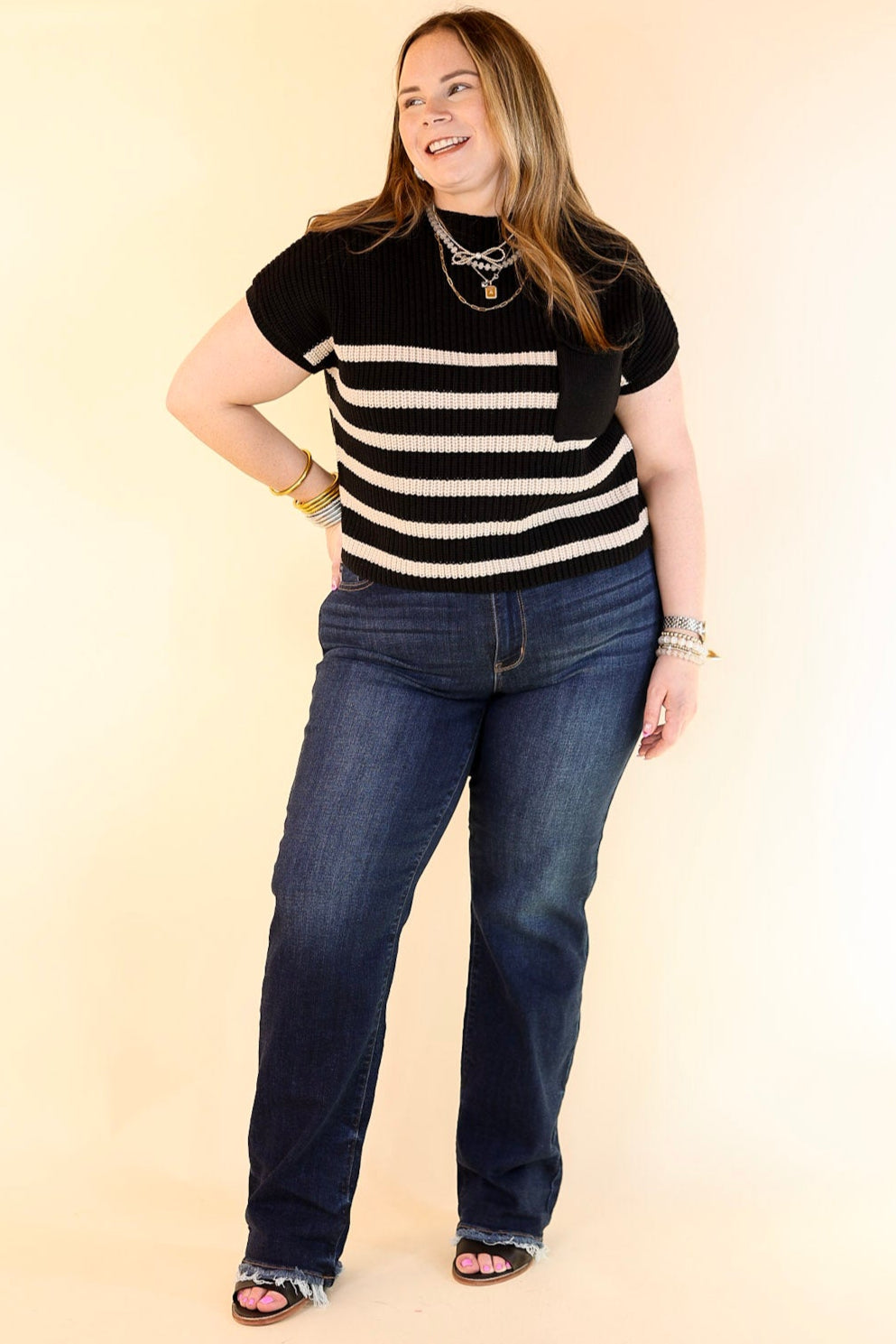 Repeat Worthy Striped Cap Sleeve Cropped Sweater with Front Pocket in Black