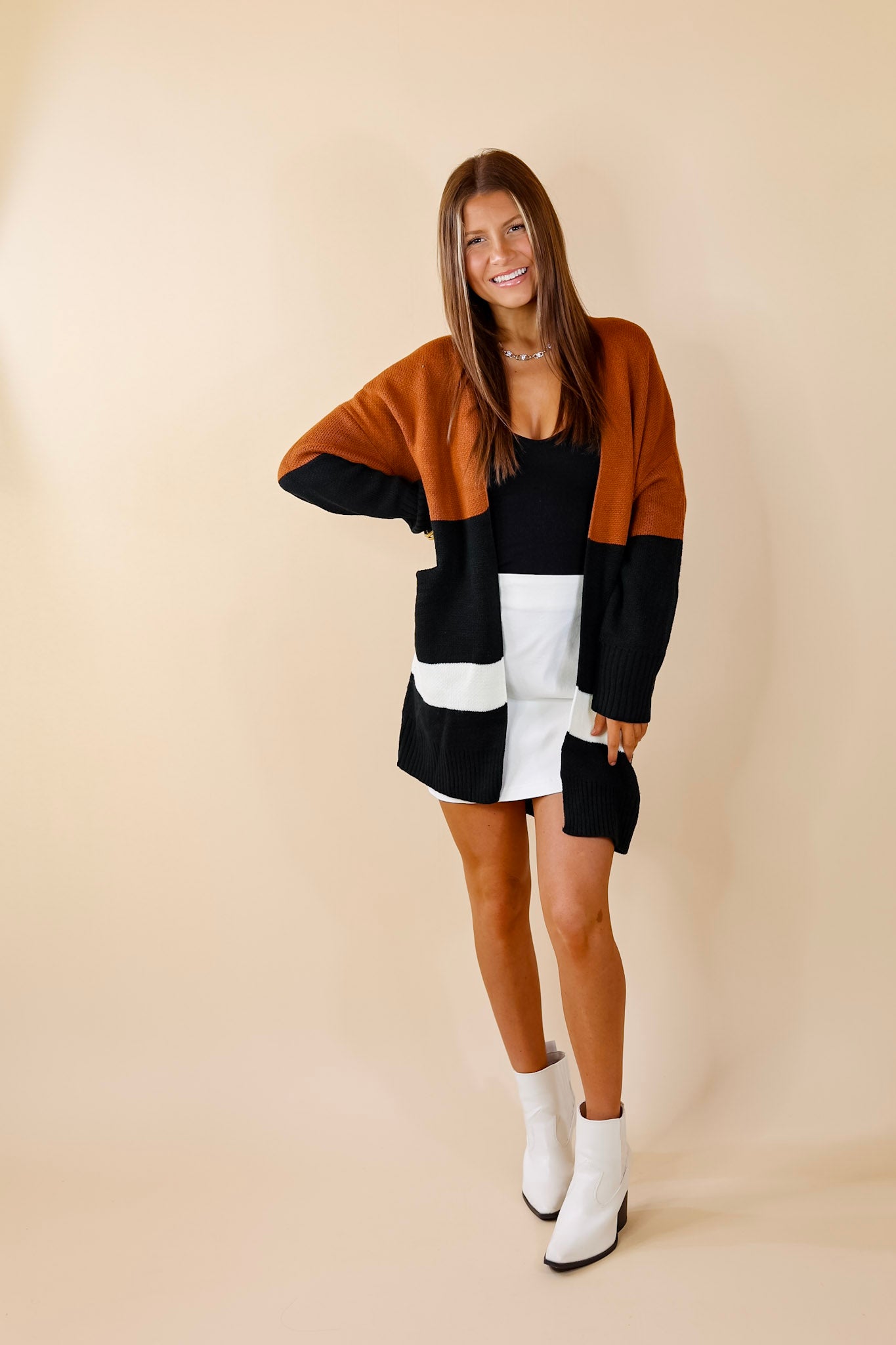 Bonfire Date Color Block Cardigan in Rust Brown - Giddy Up Glamour Boutique
