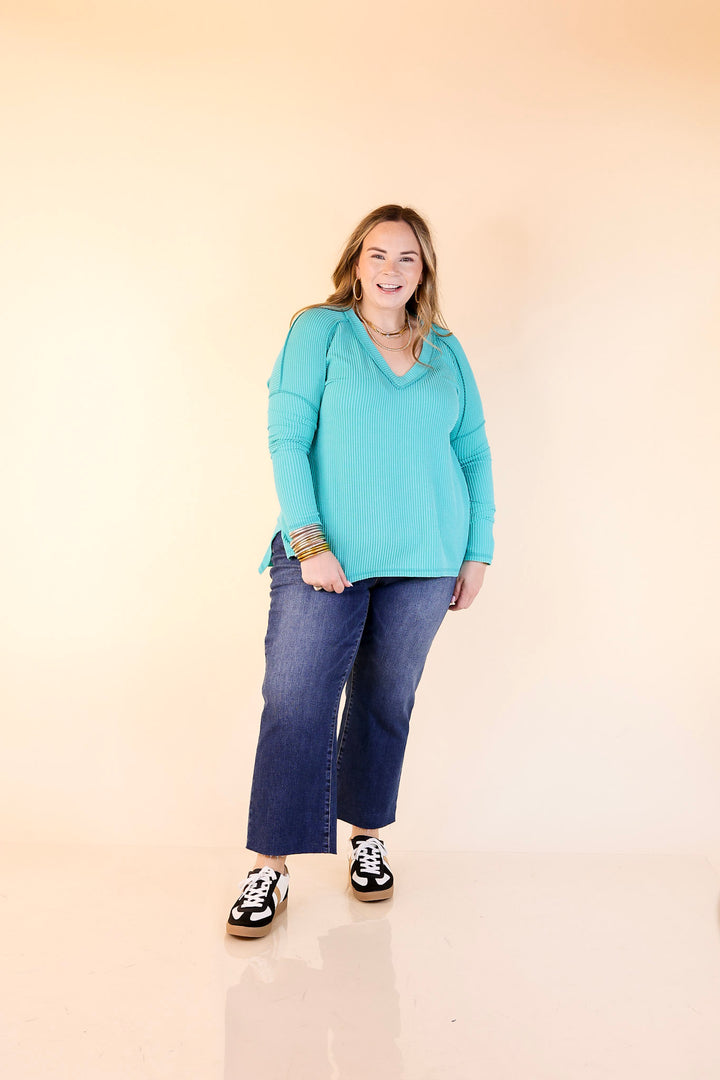 Daily Perfection V-Neck Long Sleeve Ribbed Top in Turquoise Blue