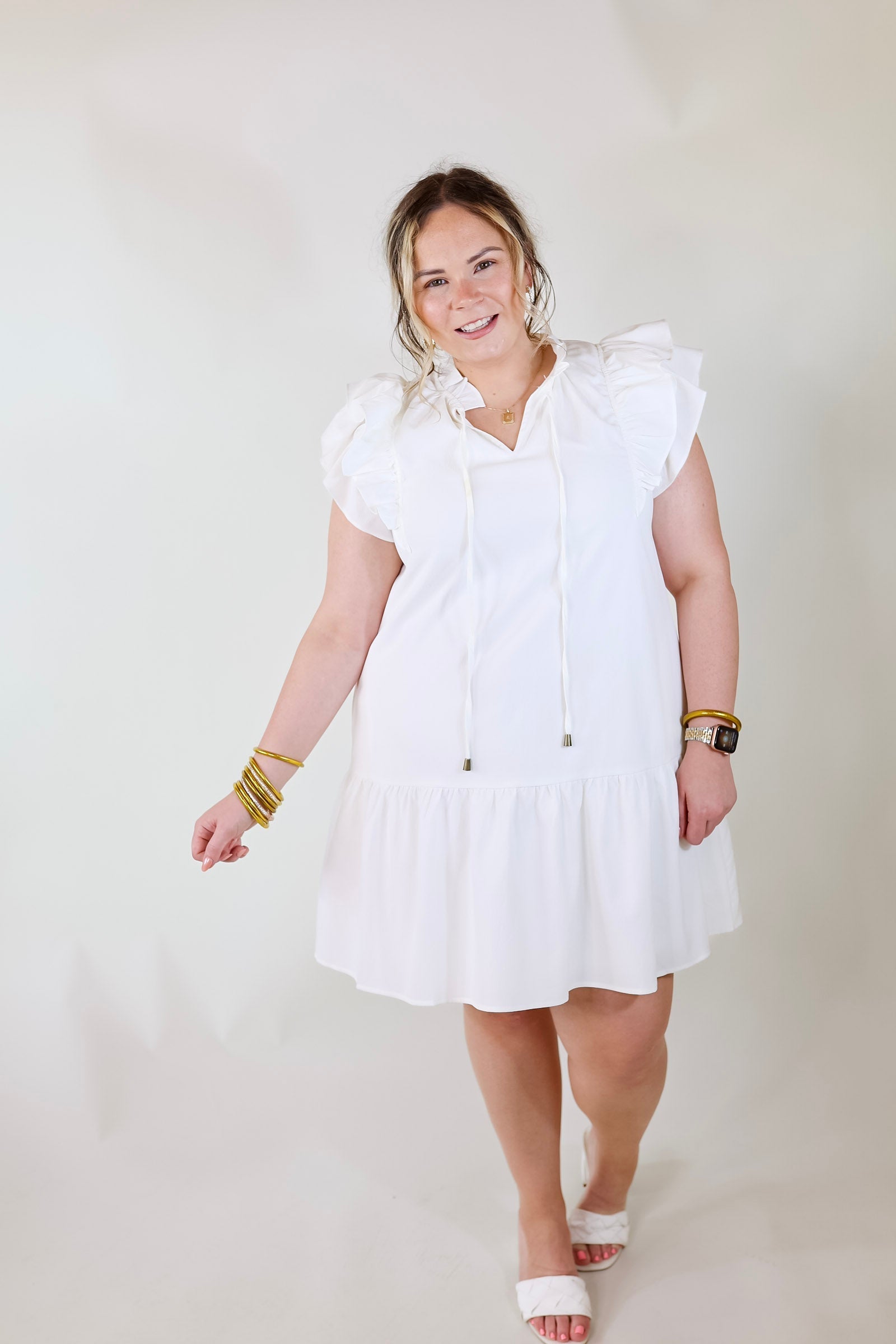 Powerful Love Ruffle Cap Sleeve Dress with Keyhole and Tie Neckline in Ivory - Giddy Up Glamour Boutique