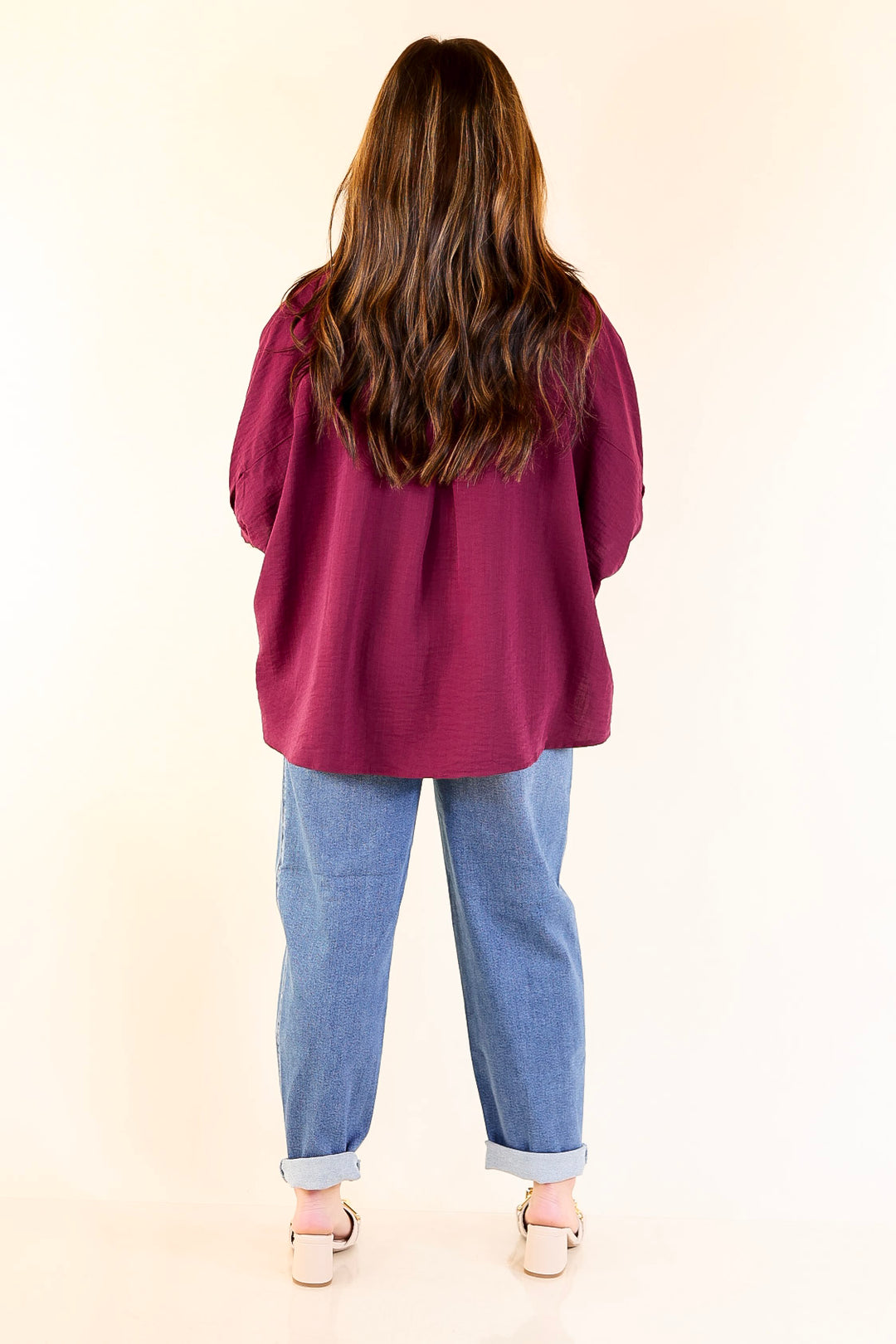 In Good Company Button Up Top with Scalloped Trim Stitching in Maroon