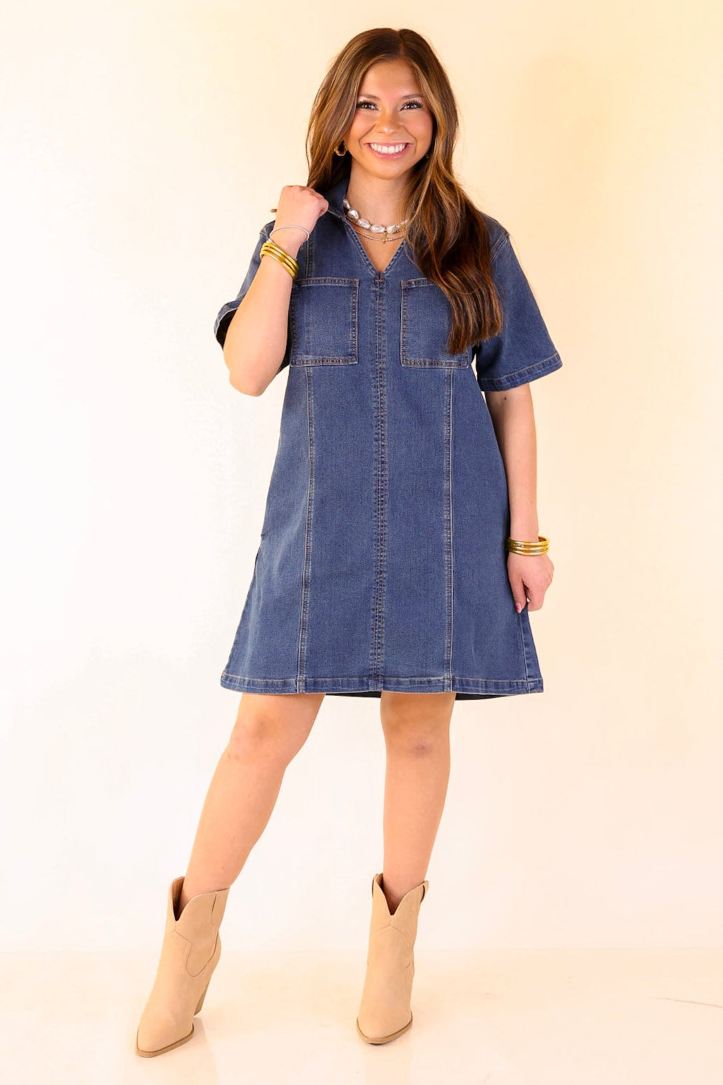 Style in Motion Denim Dress with Patch Pockets in Dark Wash
