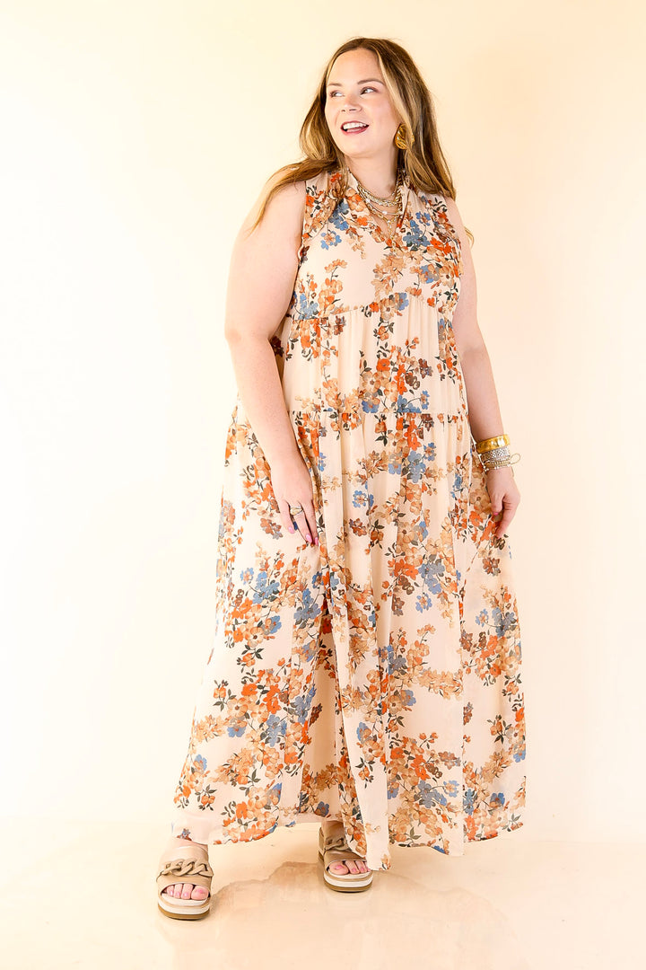 Twirl into Fall Notched Neck Tiered Floral Maxi Dress in Ivory