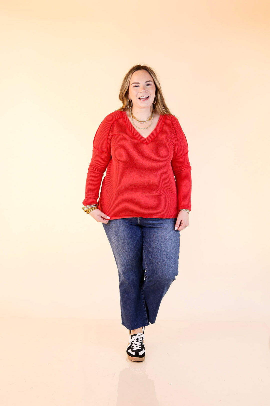 Daily Perfection V-Neck Long Sleeve Ribbed Top in Ruby Red