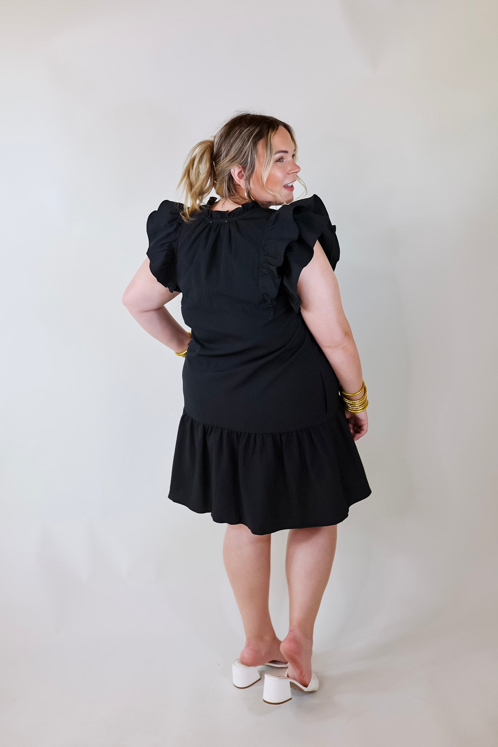 Powerful Love Ruffle Cap Sleeve Dress with Keyhole and Tie Neckline in Black - Giddy Up Glamour Boutique