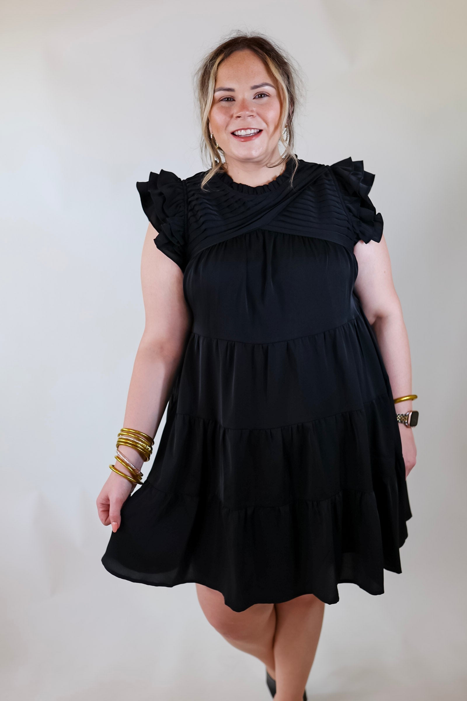 Chic On Scene Ruffle Tiered Dress with Pleated Detailing in Black - Giddy Up Glamour Boutique