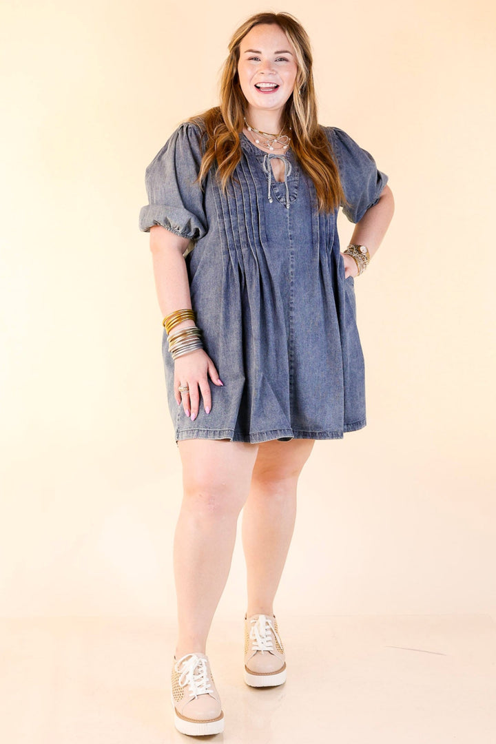 Breezy Beauty Denim Dress with Bow Keyhole and Front Pleating in Medium Wash