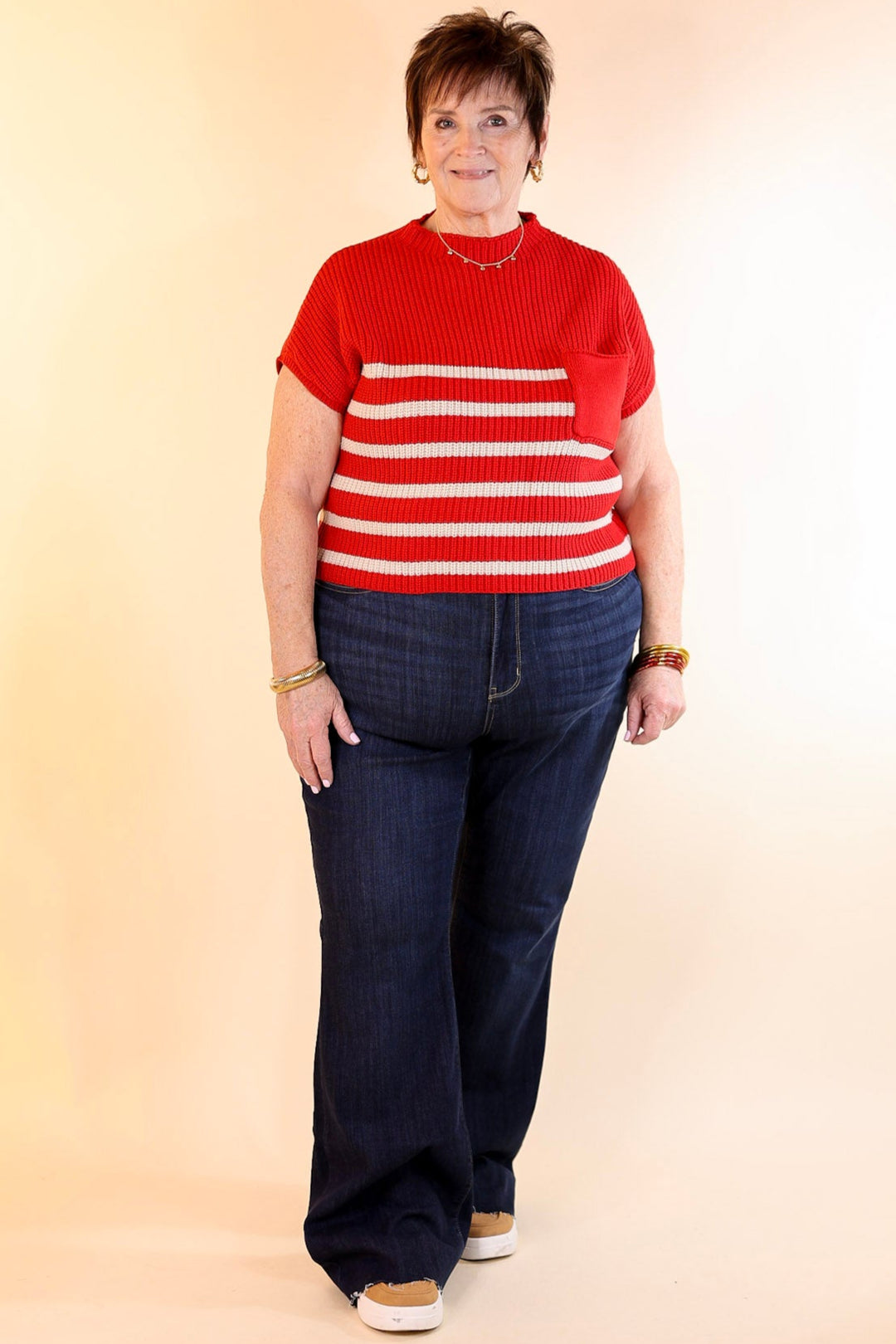 Repeat Worthy Striped Cap Sleeve Cropped Sweater with Front Pocket in Ruby Red