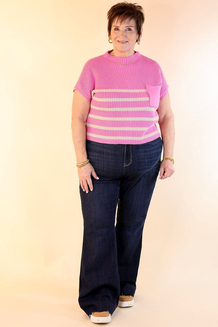 Repeat Worthy Striped Cap Sleeve Cropped Sweater with Front Pocket in Pink