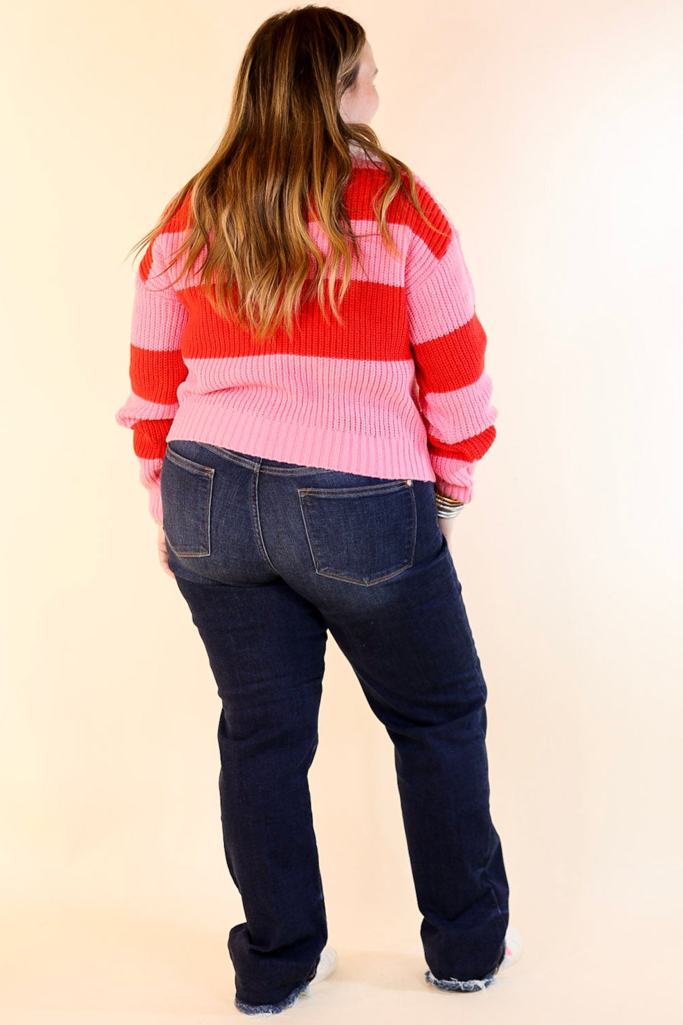 Candy Crush Half Zip Striped Rugby Style Sweater in Red and Pink
