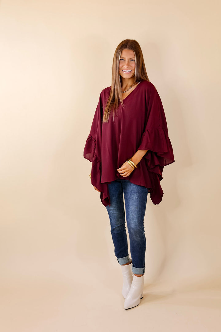 Secret Strength Ruffle Detail Poncho Top in Maroon - Giddy Up Glamour Boutique