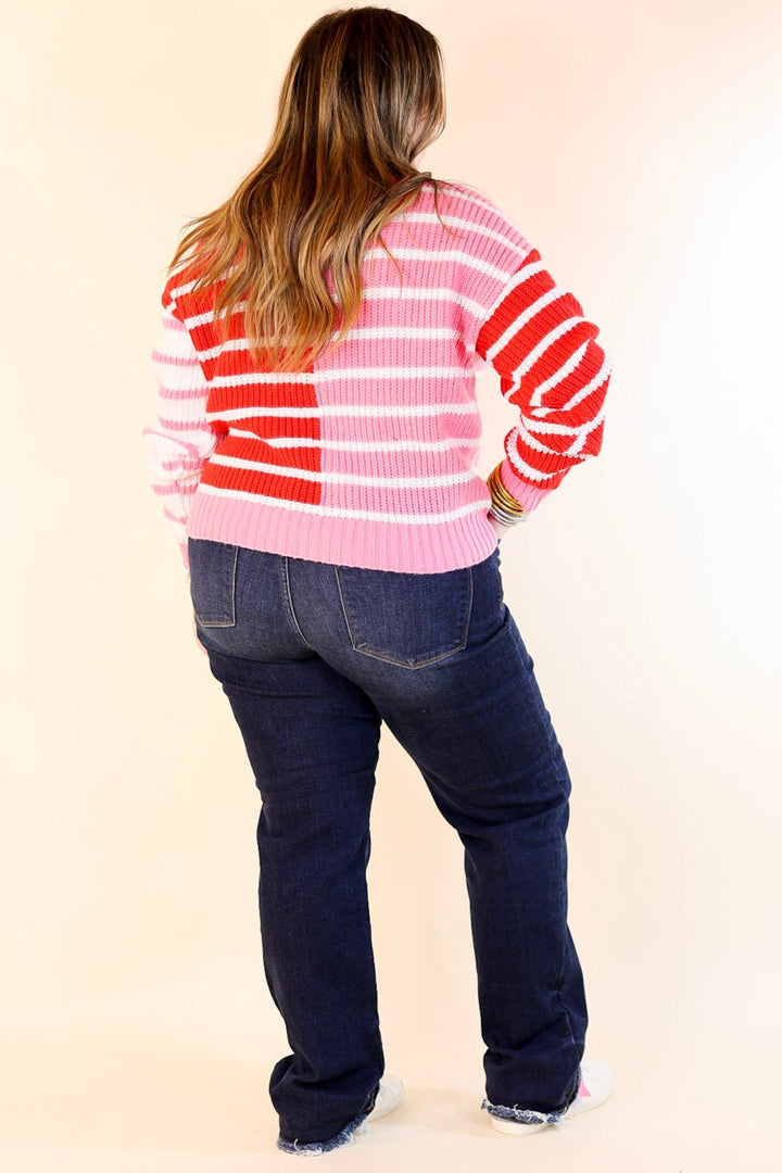 Sweetheart Stripe Half Zip Striped Sweater in Red and Pink