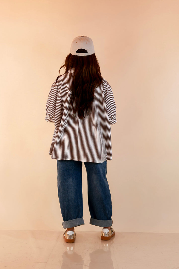 Perfectly Aligned Button Down Collared Top with Vertical Ivory Stripe Detail in Taupe Brown